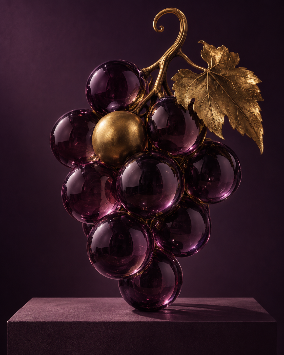 Sculptural purple glass grapes with an antique gold vine